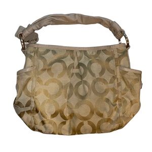 Coach Tan & Gold Parker Canvas OP Art Medium Shoulder Bag Purse Leather …